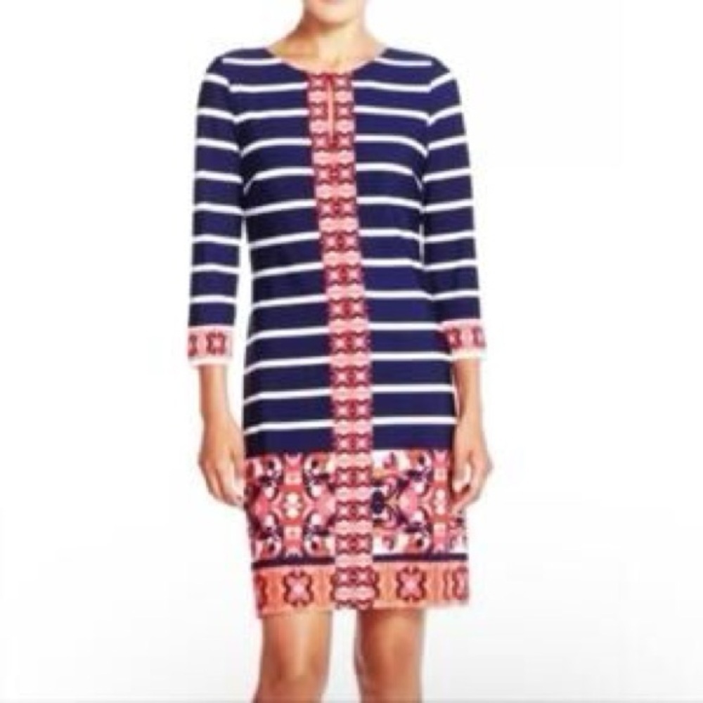 Eliza J | Navy Striped Bohemian Print 3/4 Sleeve Cocktail Dress Size 4 Small